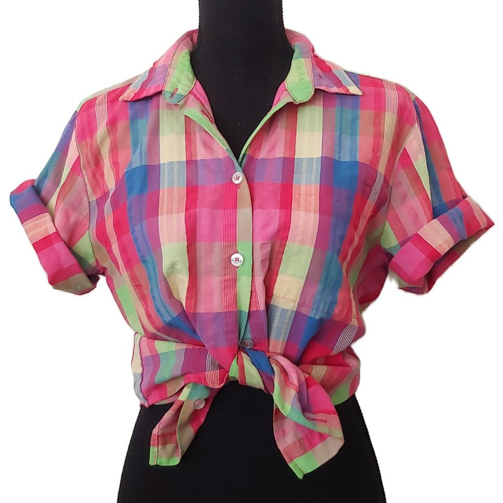 90s Vintage Pastel Plaid Button Up Shirt Top